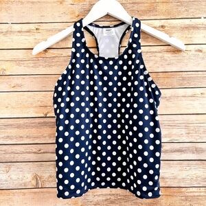 Lands’ End Tankini Swim Top Girls Size 14 Blue White Polka Dot Racerback
